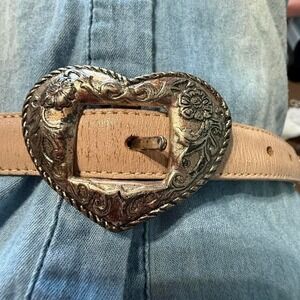 Justin Western Leather Belt Tan Tooled Heart Buckle Cowboy Vintage